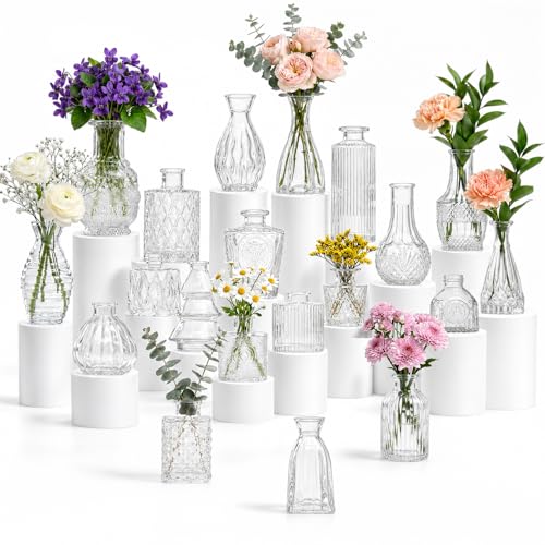 20 Pcs Clear Glass Bud Vases, Small Vintage Bud Vase Set for Flowers, Mini Glass Vases for Centerpieces, Wedding Decor, Baby Shower, Table Decorations, Home Decor, 3.1"-5.1"
