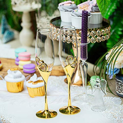 NUPTIO Gold Crystal Champagne Flutes, Wedding Gifts for Couple, Set of 2 | 6.76oz Rhinestone Rimmed Heart Toasting Glasses, Wine Cups for Anniversary, Engagement, Valentine's Day, Bridal Shower - color: Gold