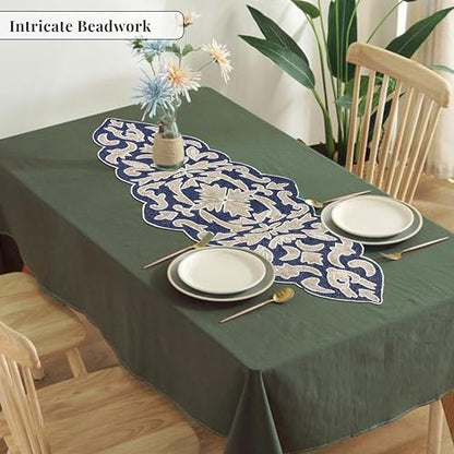 Beaded Table Runner, Blue Silver, 36x13 | Glass beads on polyester satin backing, 36x13 in, non-slip, weddings, holidays, dining & console tables - color: Navy/Silver, size: 36"x13"