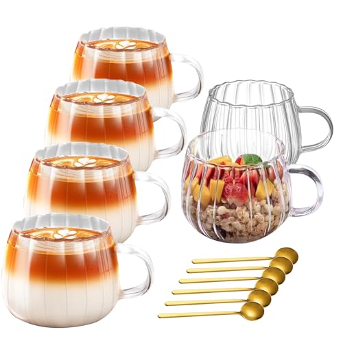Viovian 12oz Clear Glass Coffee Mugs Set of 6 Ribbed Coffee Cups With Handles Modern Cute Glass Tea Mug Cup for Hot Beverage/Cappuccino/Latte/Cereal/Yogurt/Mocha/Milk - color: ribbed glass mug set of 6