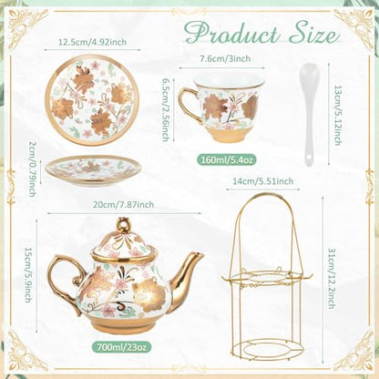 Zhehao 20 Pcs Porcelain Tea Set with Metal Holder and Spoon Adult Ceramic Tea Set European Flower Painting Teapot Cup Saucer Spoon for Women Mom Gift, Large Version (Elegant Style) - color: Elegant Style