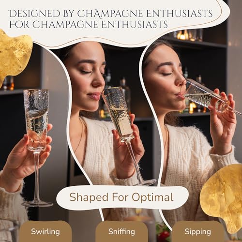 Bec's Designs Champagne Flutes Set of 4, 6oz Handblown, Hammered Gold Rim | Triangular champagne glasses offer elegant stemware for mimosas, Prosecco & weddings; handblown hammered glass design.