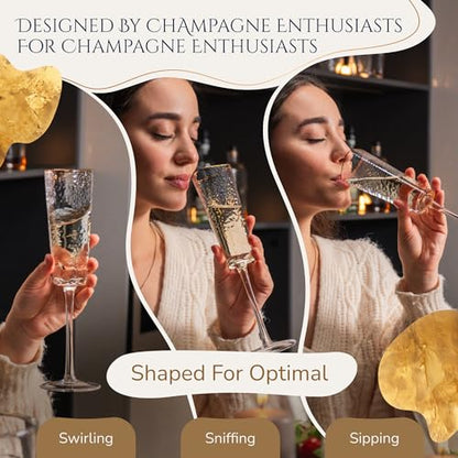 Bec's Designs Champagne Flutes Set of 4, 6oz Handblown, Hammered Gold Rim | Triangular champagne glasses offer elegant stemware for mimosas, Prosecco & weddings; handblown hammered glass design.