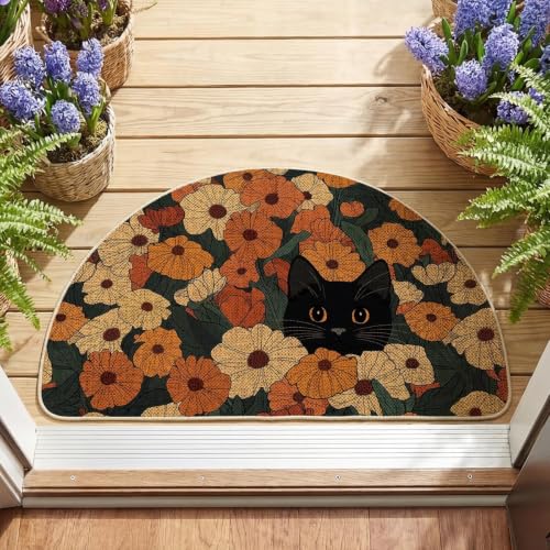 Artoid Mode Black Cat Flowers Summer Home Decor Low-Profile Switch Rug Door Mat for Indoor Outdoor 17x29 Inch