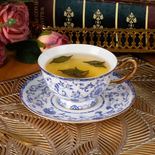 KAMMAK Tea Cups and Saucers Set of 2, Porcelain Coffee Cups, JBE023 | Stackable Espresso Mugs, Ceramic Demitasse for Coffee, Cappuccino, Latte, Americano, Tea - size: 8CZJBE023