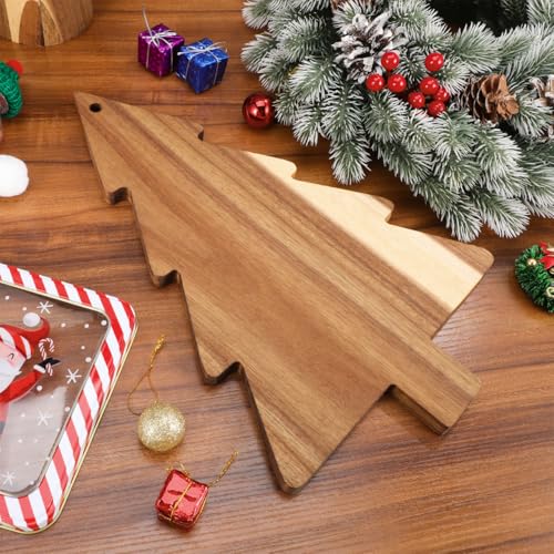 BESPORTBLE Christmas Tree Charcuterie Board - 15 Inch Wooden Cutting Board, Natural Acacia Wood Serving Tray with Hanging Hole for Cheese, Fruit, Snack, Holiday Decoration