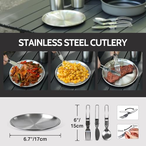 REDCAMP 6/10/11/12/14/15/19 PCS Camping Cookware Mess Kit Camping Gear Campfire Utensils Lightweight Stackable Pot Pan Bowls Soup Spoon with Storage Bag for Camping, Backpacking, Outdoor Cooking - style: Grey,16pcs W/Kettle