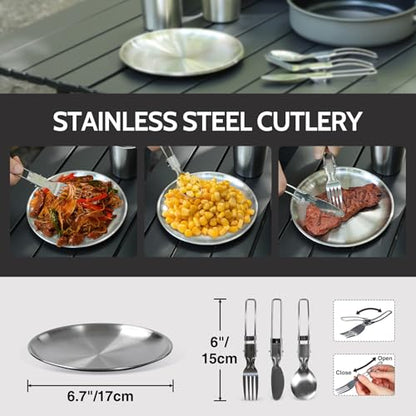 REDCAMP 6/10/11/12/14/15/19 PCS Camping Cookware Mess Kit Camping Gear Campfire Utensils Lightweight Stackable Pot Pan Bowls Soup Spoon with Storage Bag for Camping, Backpacking, Outdoor Cooking - style: Grey,16pcs W/Kettle
