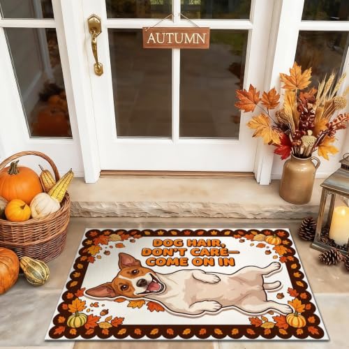 Dog Welcome Door Mat, Playful Seasonal Pumpkins Leaves Autumn Brown Skid Resistant Decorative Doormat for Home Indoor Outdoor Entryway Porch Decor 29x17 Inch