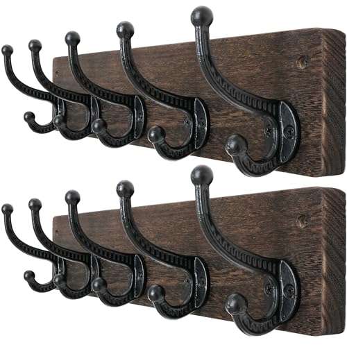 WEBI Rustic Coat Rack Wall Mount,5 Cast Iron Coat Hooks Wall Mounted,Heavy Duty Wood Wall Coat Hanger Hooks for Hanging Coats,Jacket,Clothes,Backpack,Farmhouse,Weathered Brown,2 Packs - color: Weathered Brown, size: 17 Inch(2 Packs)