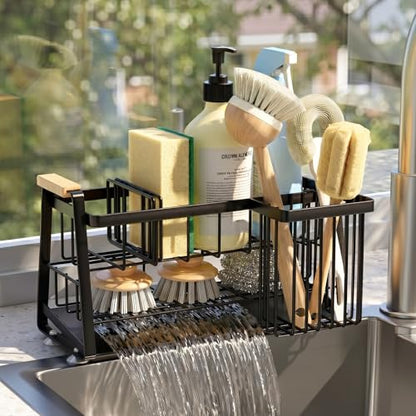 Housolution 2-Tier Sponge Holder for Kitchen Sink Caddy with Brush Holder | Auto-Draining, Suction Cups, Wooden Handle , Kitchen Sink Countertop Organization Storage, Dish Soap Holder, Rustproof, Black - color: Black