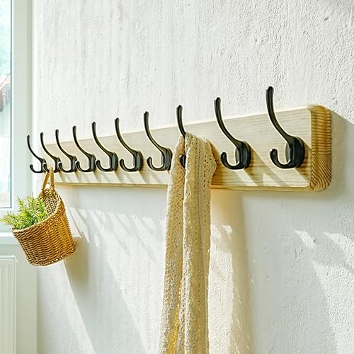 Coat Rack Wall: 38-1/4" Long, Patented, Heavy-Duty, 10-Double-Hooks Wooden Wall Mounted Coat Rack Coat Hanger Hook Rail for Winter Coats Hat Jacket Clothing, Light Brown - color: Light Brown & Black, size: L=38.3"(1pcs)