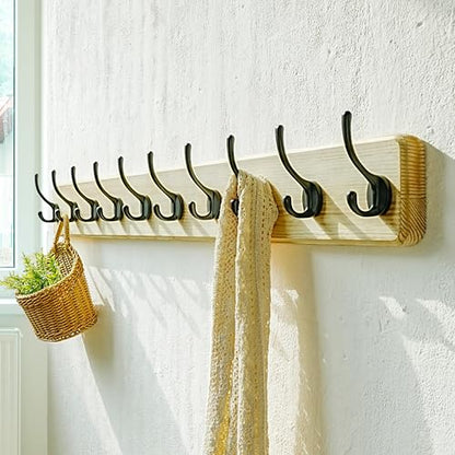 Coat Rack Wall: 38-1/4" Long, Patented, Heavy-Duty, 10-Double-Hooks Wooden Wall Mounted Coat Rack Coat Hanger Hook Rail for Winter Coats Hat Jacket Clothing, Light Brown - color: Light Brown & Black, size: L=38.3"(1pcs)