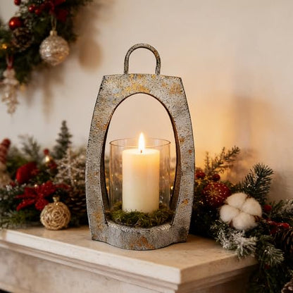 15" Twakutwaku Versatile Farmhouse Arch Metal Lantern in Shabby White with Handmade Thick Glass Candle Holder for Pillars & Plants, Hurricane Lantern, Glass Candlestick Holder, Glass Vase, Garden - color: Shabby White, size: 8"x15"