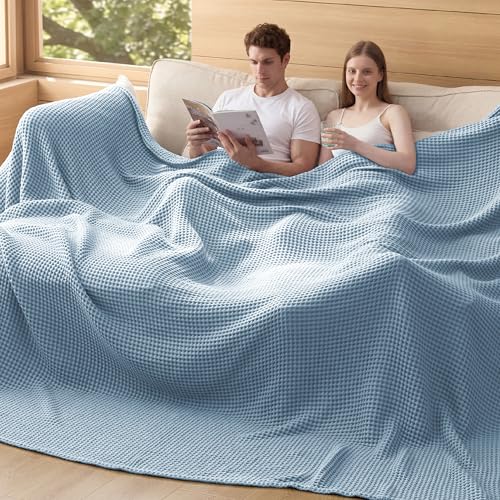 Bedsure Lightweight 100% Cotton Waffle Blanket, 120x94, Celestial Blue | Summer, Breathable, Soft, Comfort, Light, Thin, Textured, Bed, Couch, Sofa, Chair, Oversized King, Sheet Blanket, Cozy Gifts - color: Celestial Blue, size: Oversized King (120" X 94"