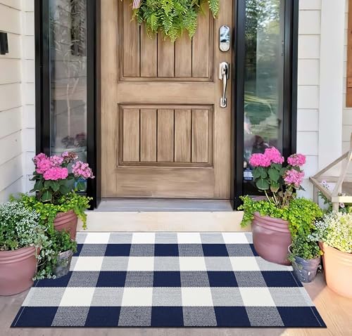 Front Door Mat Outdoor 24"x35"Blue and White Buffalo Plaid Outdoor Rug | Machine Washable Hand-Woven Cotton Layered Doormat Farmhouse Entryway Rug For Front Decor - color: Blue Buffalo, size: 24''x 35''