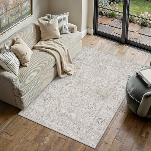 Area Rugs 5x7 Washable Rugs for Living Room Non-Shedding Bedroom Rug Textured Distressed Non Slip Stain Resistant Low Pile Throw Carpet for Home Decor (Beige Grey) - color: Beige Grey, size: 5' x 7' (Rectangular)