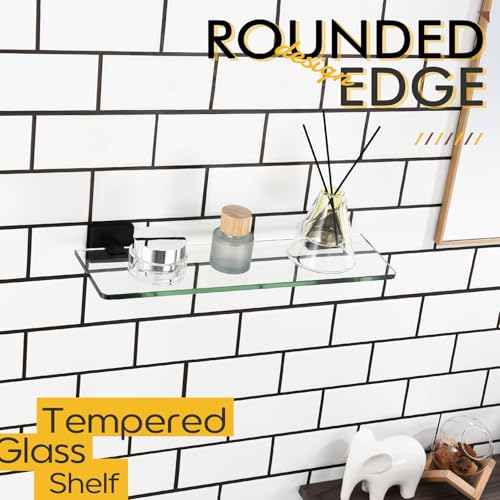KOKOSIRI Bathroom Glass Shelf 16-Inch Tempered Glass Floating Shelves Shower Storage Kitchen Hanging Rack Wall Mount, Black Stainless Steel B1107BK-L16 - color: Matte Black, size: 16-Inch