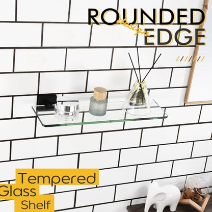 KOKOSIRI Bathroom Glass Shelf 16-Inch Tempered Glass Floating Shelves Shower Storage Kitchen Rack Wall Mount, 2 Pack Black Stainless Steel B1107BK-L16-P2 - color: Matte Black, size: 16-Inch(2 Pack)