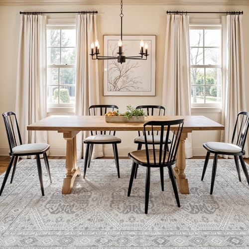 6x9 Area Rug Washable Vintage: Non Slip Living Room Carpet Grey | Oriental Indoor Floor Mat for Bedroom Soft Low Pile Thin Rugs for Dining Room Pet Friendly Nursery Home Office Decor - color: Grey, size: 6' x 9' (Rectangular)