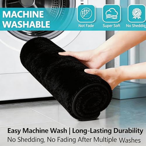 Bathroom Rugs Set Plush Velvet Bath Rugs Non-Slip Shaggy Bath Mat Set 3 Piece,Washable Mats,Absorbent Shaggy Rugs Super Soft U-Shaped Toilet Rug,Bahroom Carpets for Bathroom,Tub,Shower Black - color: Black