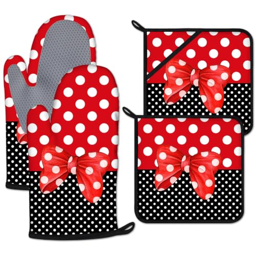 Red Black Polka Dot Bow Oven Mitts and Pot Holders Sets 4 Pcs Silicone Kitchen Gloves Heat Resistant Potholders for Baking Grilling BBQ - color: Polka Bow
