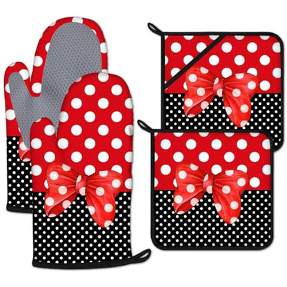 Red Black Polka Dot Bow Oven Mitts and Pot Holders Sets 4 Pcs Silicone Kitchen Gloves Heat Resistant Potholders for Baking Grilling BBQ - color: Polka Bow