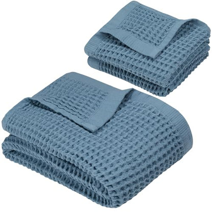 DEMMEX Organic Cotton Waffle Weave Turkish Towel Set for Bathroom, 1 Bath & 2 Large Hand Towels, 100% Oeko-TEX Certified Premium Turkish Cotton, Super Soft Lightweight Quick Dry (Slate Blue)