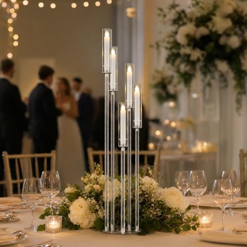 2pcs 5-Arm Acrylic Candelabra Centerpieces for Tables, Sturdy Solid Rods 45.7" Tall Floor Candle Holders Set for Wedding Birthday Party Home Decor, Fits 0.8" LED Taper Candles, Clear