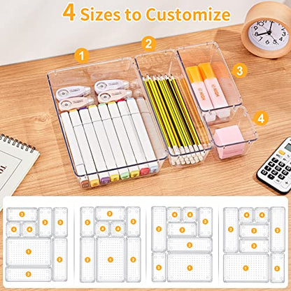 SMARTAKE 28 Piece Drawer Organizers with Non-Slip Silicone Pads, 4-Size | Clear Desk Bathroom Drawer Organizer Trays Storage Tray for Makeup, Jewelry, Utensils in Bedroom Dresser, Office and Kitchen - size: 28 PCS