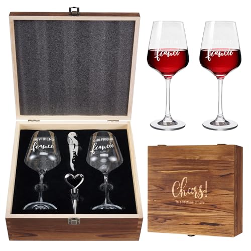 AW BRIDAL Engagement Gifts for Couples Fiance and Fiancee Wine Glasses Set | Engaged Wine Glasses with Wine Stopper & Wood Keepsake Box, 2026 Wedding Gifts for Newlyweds, Bride to Be Gifts for Women - style: Fiance/Fiancee