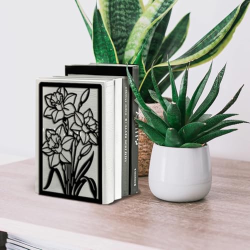 5.3"x4.3"x7.9" Metal Bookends, Heavy Duty Book Ends for Shelves | Daffodils Theme Cast Iron Book Supports, 1 Pair Decor Stoppers for Desk, Library, Office & Home Shelves - style: Daffodils