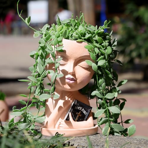 Face Planters Pots Head for Indoor Outdoor Plant Unique Head Planter Holding Book Confessional Girl Face Flower Pot with Drainage for Succulent Cactus String Of Pearls Plant Gift(Skin Color) - color: Skin Color