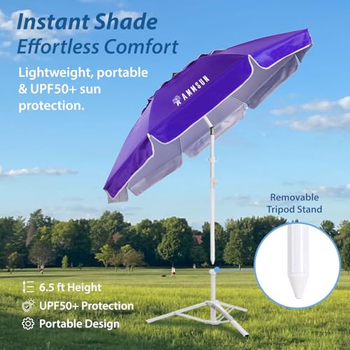 AMMSUN Shade Umbrella, Premium Portable Umbrella with Stand, 6.5ft Lightweight Free Standing Canopy for Sporting Games, Adjustable Instant Sun Protection and Easy to Carry, Purple - color: Purple