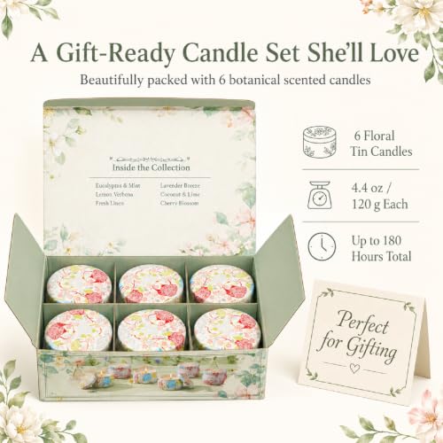 6 Pack Scented Candles Gift Set for Women, Soy Wax Tin Candles, 4 oz Each, 6 Fresh Botanical Scents, Up to 180 Hr Total Burn, Birthday Housewarming Thank You Gifts - size: Large 6-Candle Set (Summer)