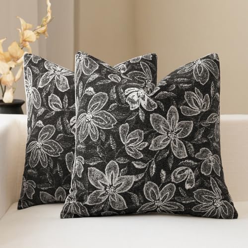 FIOUOVO Floral Throw Pillow Covers 20x20 Set of 2 Farmhouse Pillow Covers Vintage Neutral Accent Pillowcases Decorative Cushion Covers for Sofa Couch Living Room Bedroom Home Decor, Charcoal Black - color: Charcoal Black, size: 20" x 20" (Pack of 2)