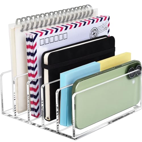 BEYGORM Acrylic Mail Holder, 5 Compartments Multifunction Desk Organizer | Clear Vertical Letter Sorter with Dividers, Modern Office & Home Storage for Bills, Documents & Folders - size: Medium