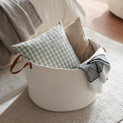 Extra Large Nursery Storage Basket, 22 x 22 x 14 inches - 100% Cotton Rope Baskets with Handles, Laundry Basket for Toys, Blankets & Pillows - Off White with Leather Handles - color: White