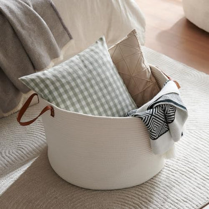 Extra Large Nursery Storage Basket, 22 x 22 x 14 inches - 100% Cotton Rope Baskets with Handles, Laundry Basket for Toys, Blankets & Pillows - Off White with Leather Handles - color: White
