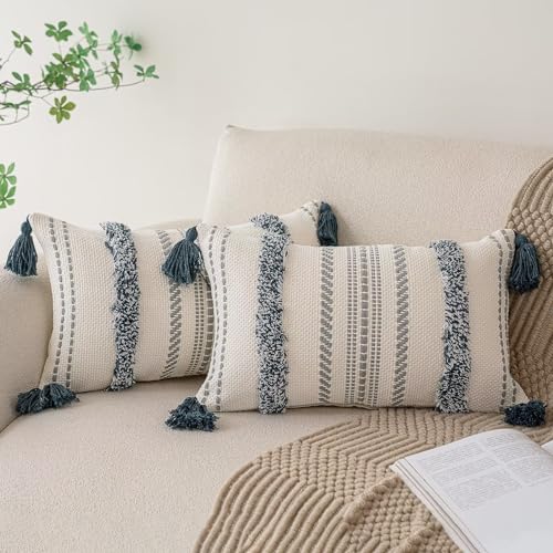 BUIOVBEY Boho Throw Pillow Covers Woven Tufted Pillow Cases with Tassels | Farmhouse Pillow Covers 12x20 Set of 2 Textured Striped Cushion Case Neutral Decorative Pillowcase for Sofa Couch Dark Blue - color: Dark Blue, size: 20" x 12" (Pack of 2)