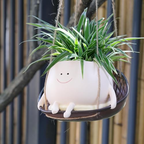 Hanging Swing Chair Planter Pot Smiley Face Planter for Indoor Outdoor Plant Cute Head Resin Flower Pots for String of Pearls Plant Live Unique Gift IdeaI for Mother Day, Christmas (Large) - color: Beige, size: Large