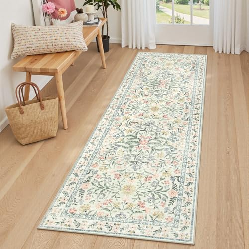 Lahome Washable Runner Rug 2x6, Beige Boho Bathroom Rugs Non Slip | Cottage Core Indoor Throw Carpet for Bedside Hallway Entry Bedroom Laundry, Beige/Multi - color: Beige, size: 2' x 6' (Runner)