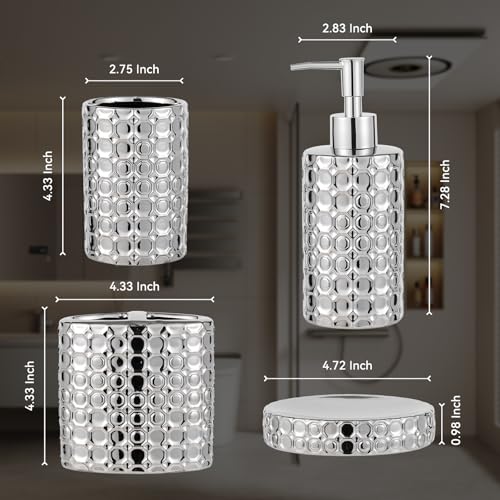 Silver Bathroom Accessories Set, 4 Piece Ceramic Honeycomb Design, Soap Dispenser Pump, Tumbler, Toothbrush Holder, Soap Dish - color: Silver