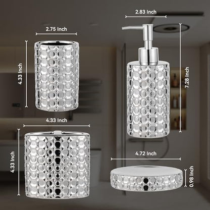 Silver Bathroom Accessories Set, 4 Piece Ceramic Honeycomb Design, Soap Dispenser Pump, Tumbler, Toothbrush Holder, Soap Dish - color: Silver