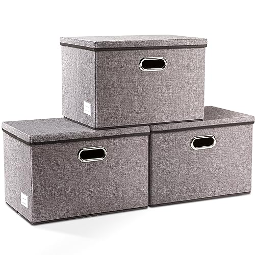 Large Collapsible Storage Bins with Lids [3-Pack] Linen/Cotton Blend Foldable Storage Boxes Organizer Containers Baskets Cube with Cover for Home Bedroom Closet Office Nursery(17.7x11.8x11.8) - color: Gray, size: L(3-Pack)