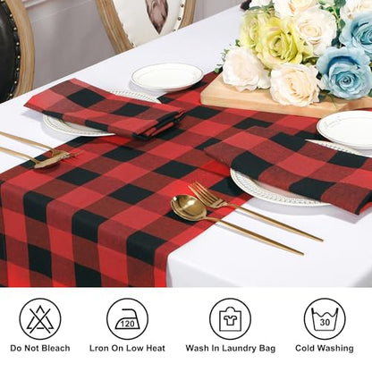 Buffalo Plaid Cotton Blend Table Runner, Classic Farmhouse Checkered Table Runner, 14x72-Red and Black - color: Red and Black, size: 14*72inch