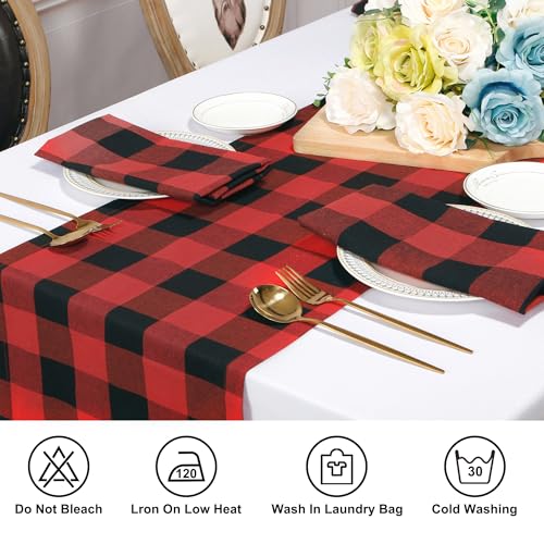 Buffalo Plaid Cotton Blend Table Runner - Classic Farmhouse Check Collection, 14x108 Inches, Red and Black - color: Red and Black, size: 14*108inch