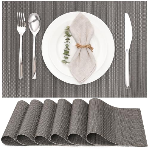 Myir JUN Placemats Set of 6 Kitchen and Dining Table Placemats | Vinyl Placemats Place Mats Indoor/Outdoor Set of 6 Washable Table Mats Non-Slip Place mats for Dining Table, Dark Gray - color: Dark Gray, size: Set of 6