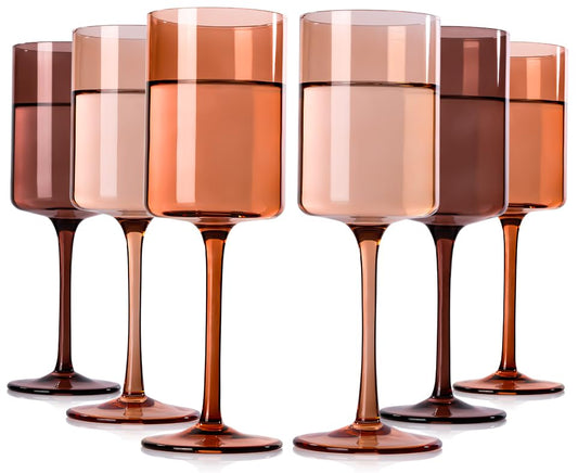 Brown Colored Square Wine Glasses Set of 6, 14oz【Hand Blown】 Amber Crystal Venus Wine Glasses with Long Stem - Melanin Wine Glasse Gifts for Christmas Home Dinner Party - color: Venus