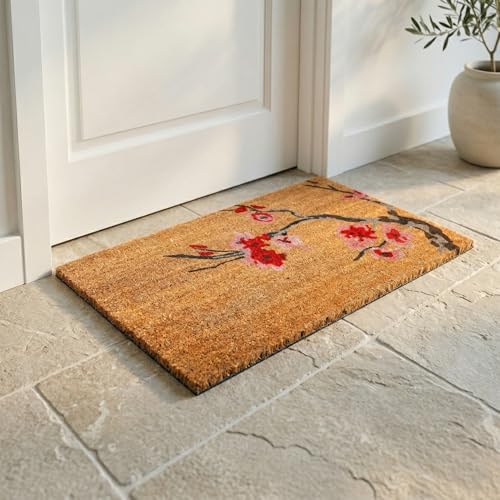 Fab Habitat Floral Non Slip Doormat - Durable, Thin - Natural Coir & Rubber - Entryway, Front Door, Porch, Patio - Cherry Branch Pink/Natural (18" x 30" Non-Slip) - color: Cherry Branch, size: Large (18 x 30 inch) - Extra Thin, Low Profile
